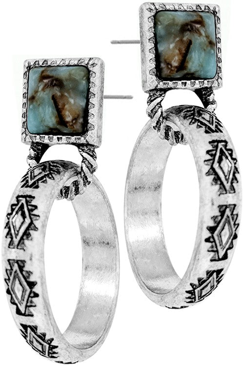 Square Gemstone Western Concho Aztec Hoop Earring