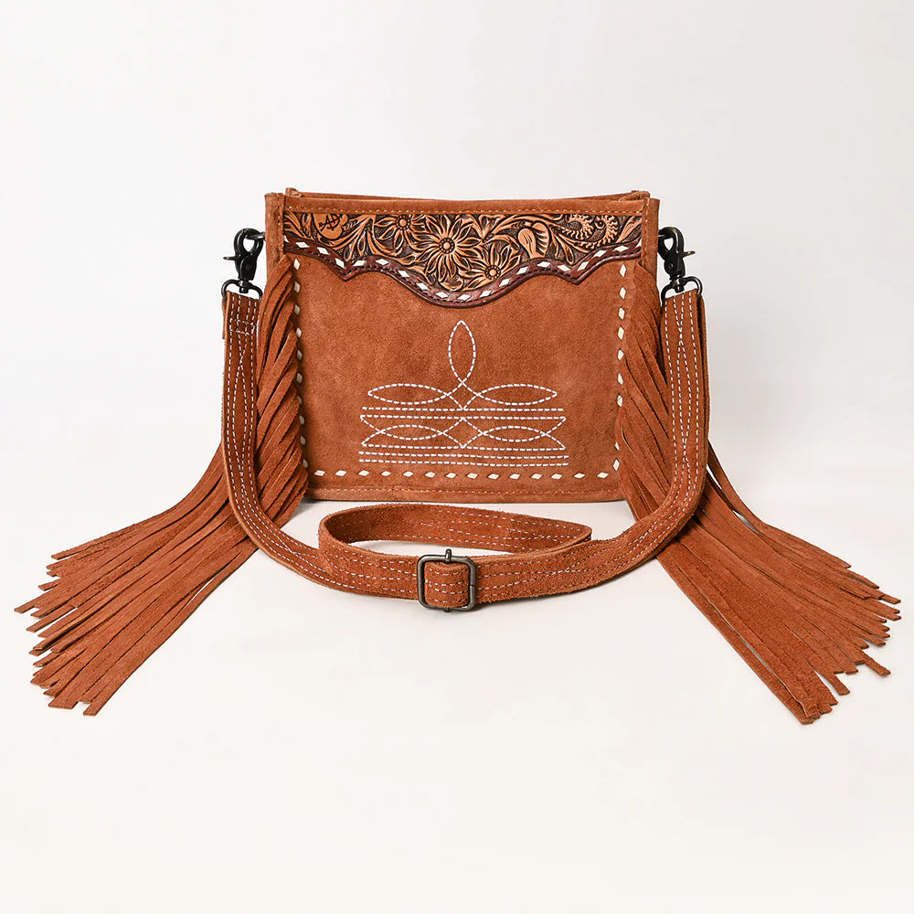Tan Suede Fringe Crossbody Bag with Tooled Leather