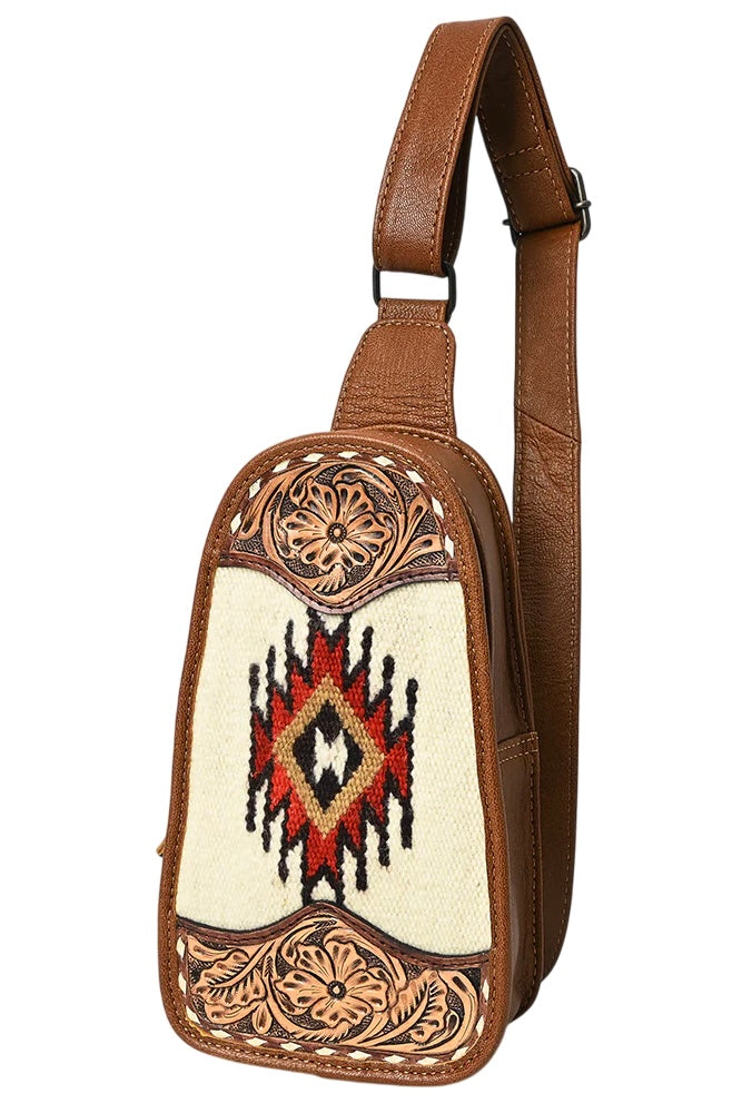 Tooled Leather Sling Bag - Southwest Wool & Floral Accents