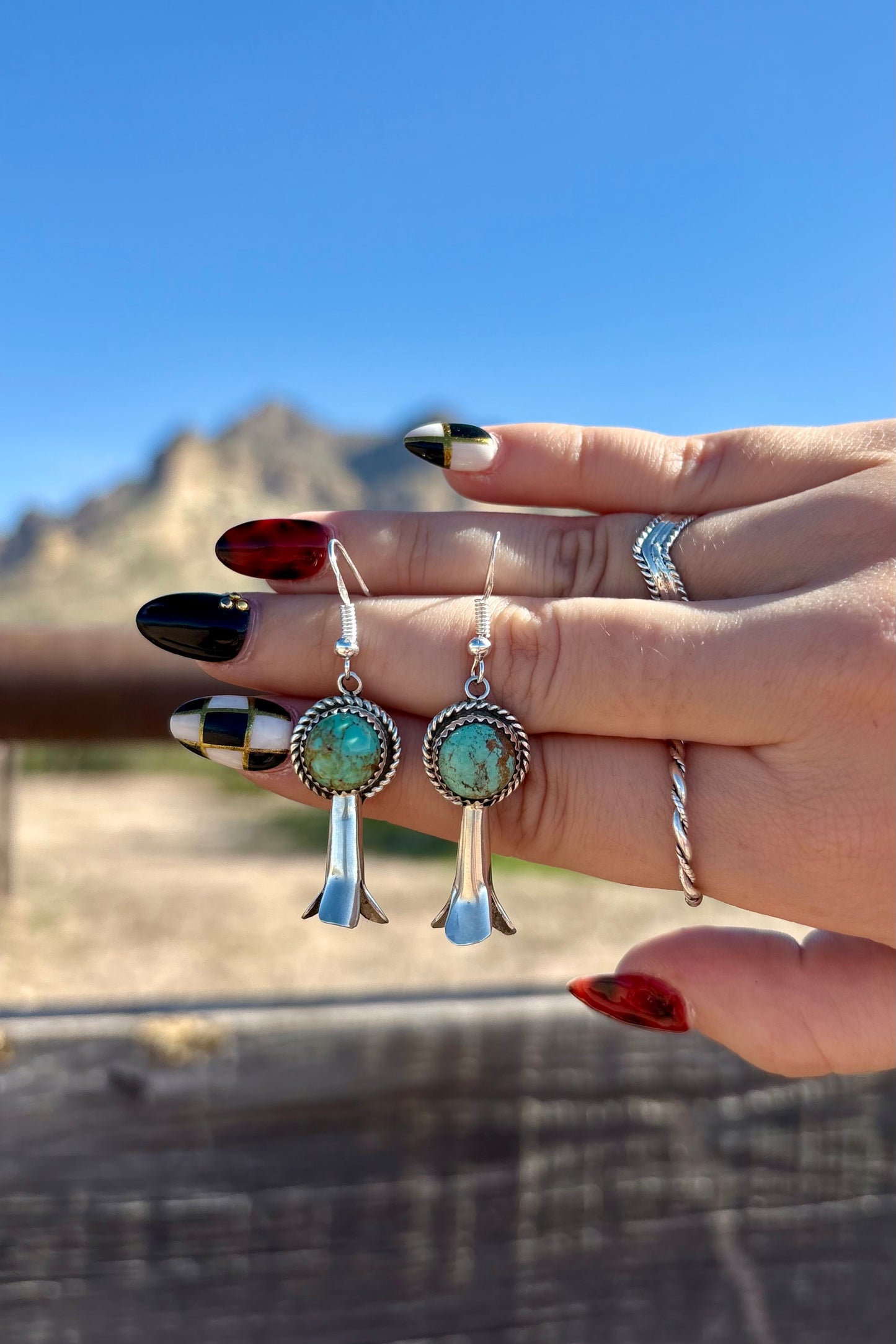 Dangle Squash blossom turquoise earrings