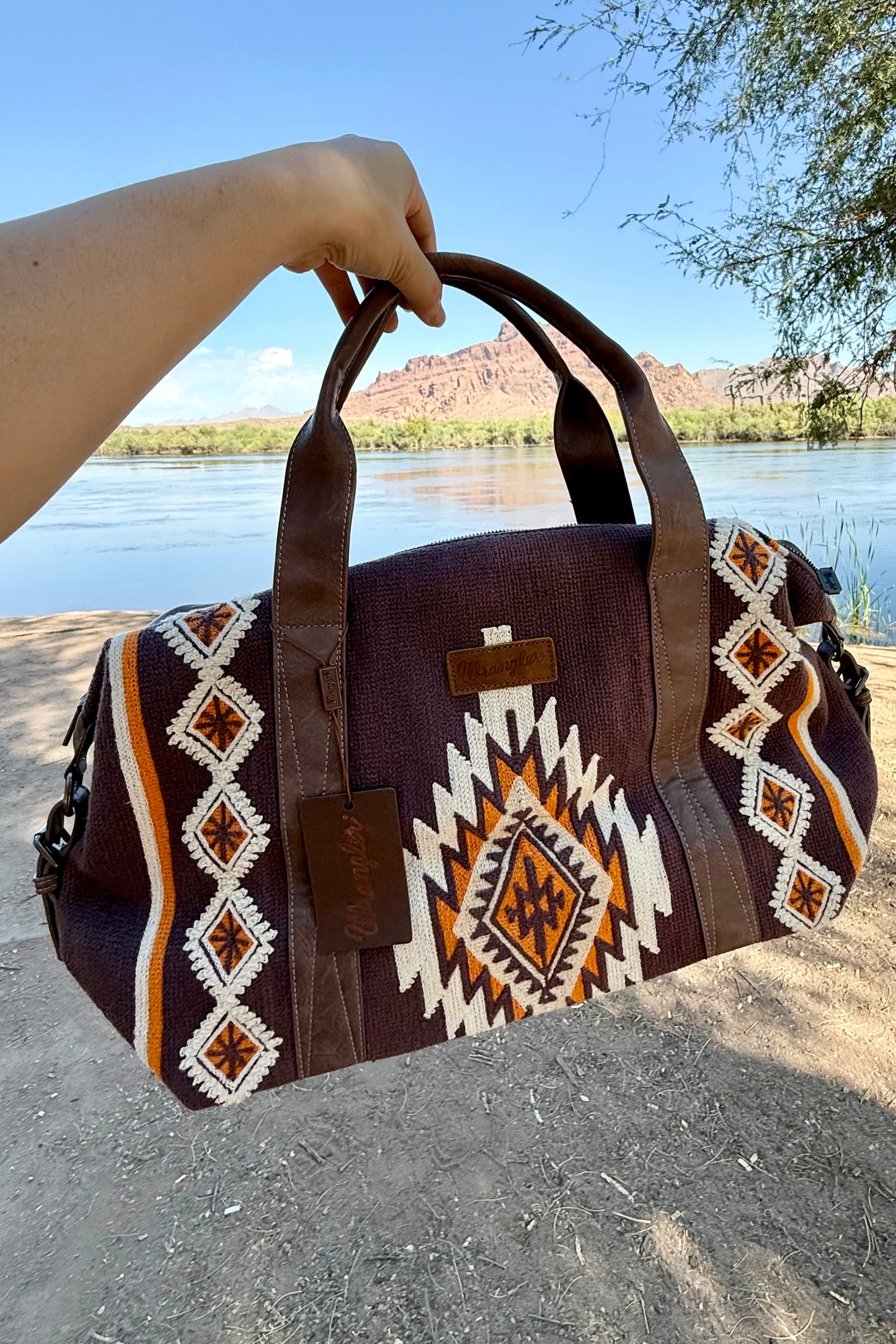 DARK BROWN AZTEC KNITTED TROLLEY SLEEVE DUFFLE BAG