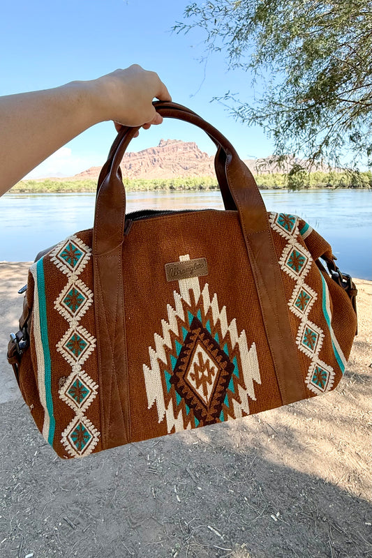 BROWN AZTEC KNITTED TROLLEY SLEEVE DUFFLE BAG