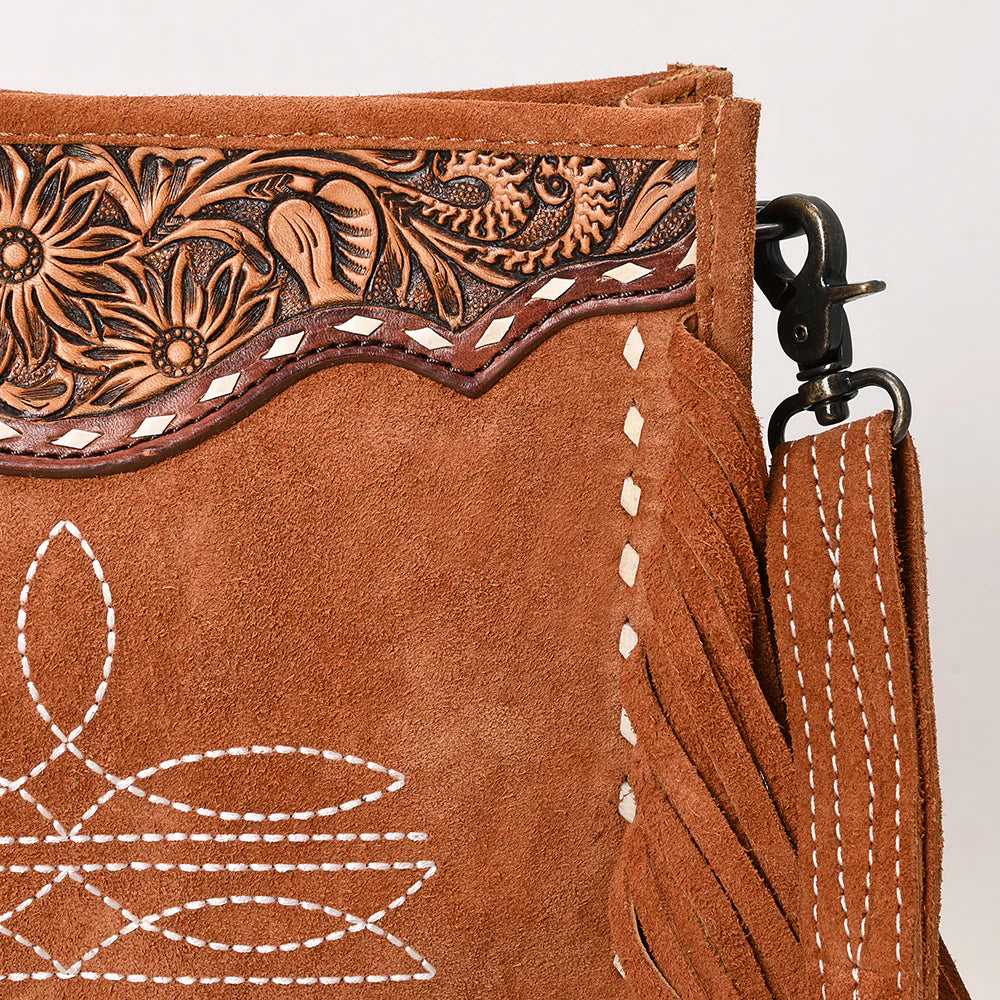 Tan Suede Fringe Crossbody Bag with Tooled Leather