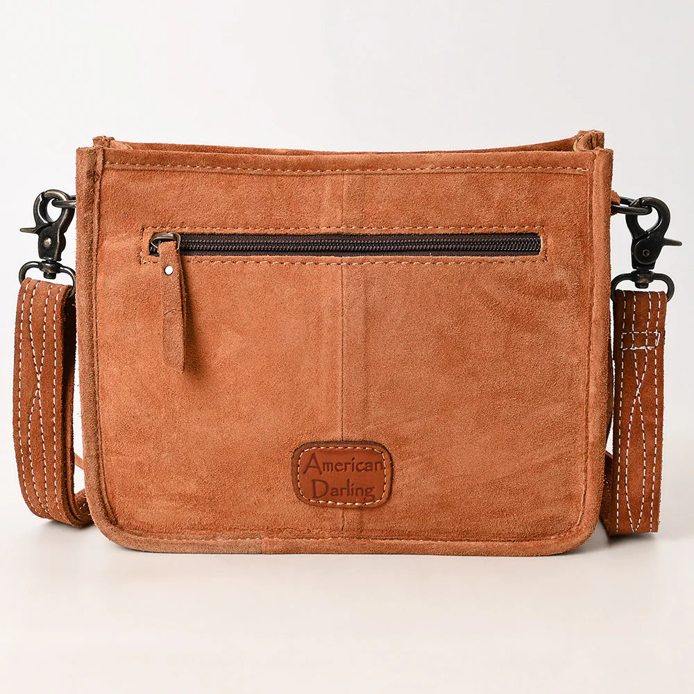 Tan Suede Fringe Crossbody Bag with Tooled Leather