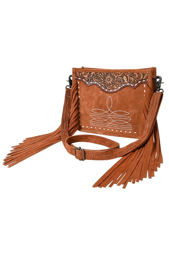 Tan Suede Fringe Crossbody Bag with Tooled Leather