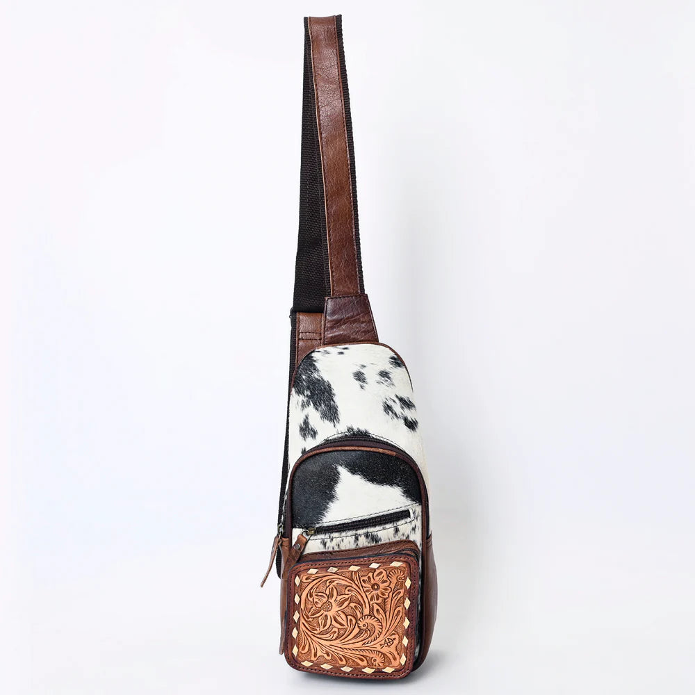 Ruthie Western Sling Backpack-Tooled Leather & Hair-On Cowhide Chest Bag for Everyday Carry