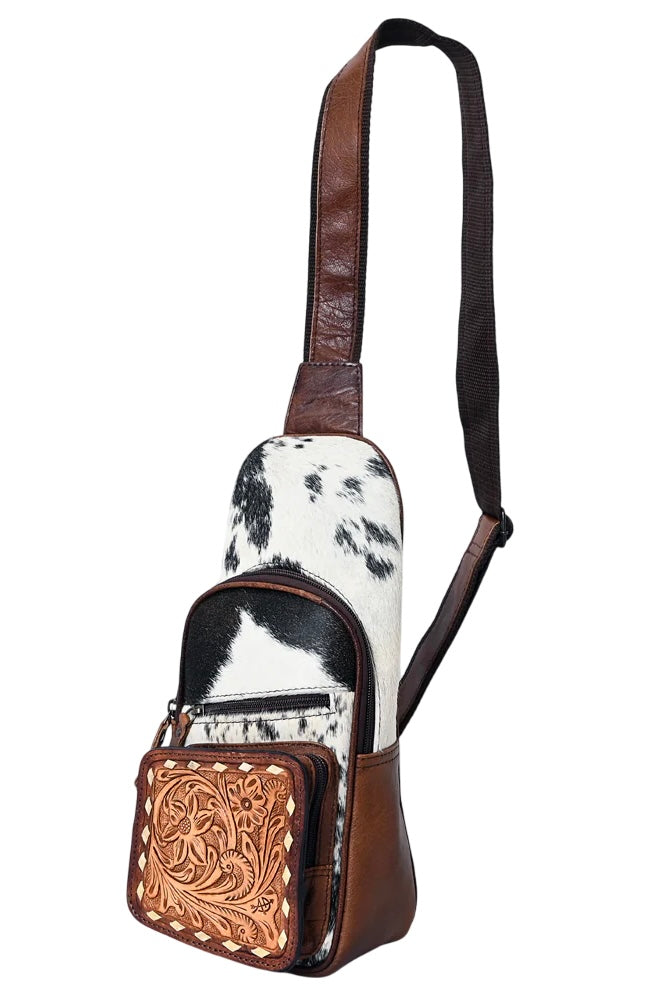 Ruthie Western Sling Backpack-Tooled Leather & Hair-On Cowhide Chest Bag for Everyday Carry