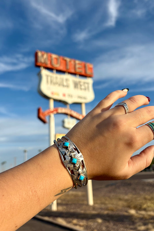 Silver stamped turquoises cuff