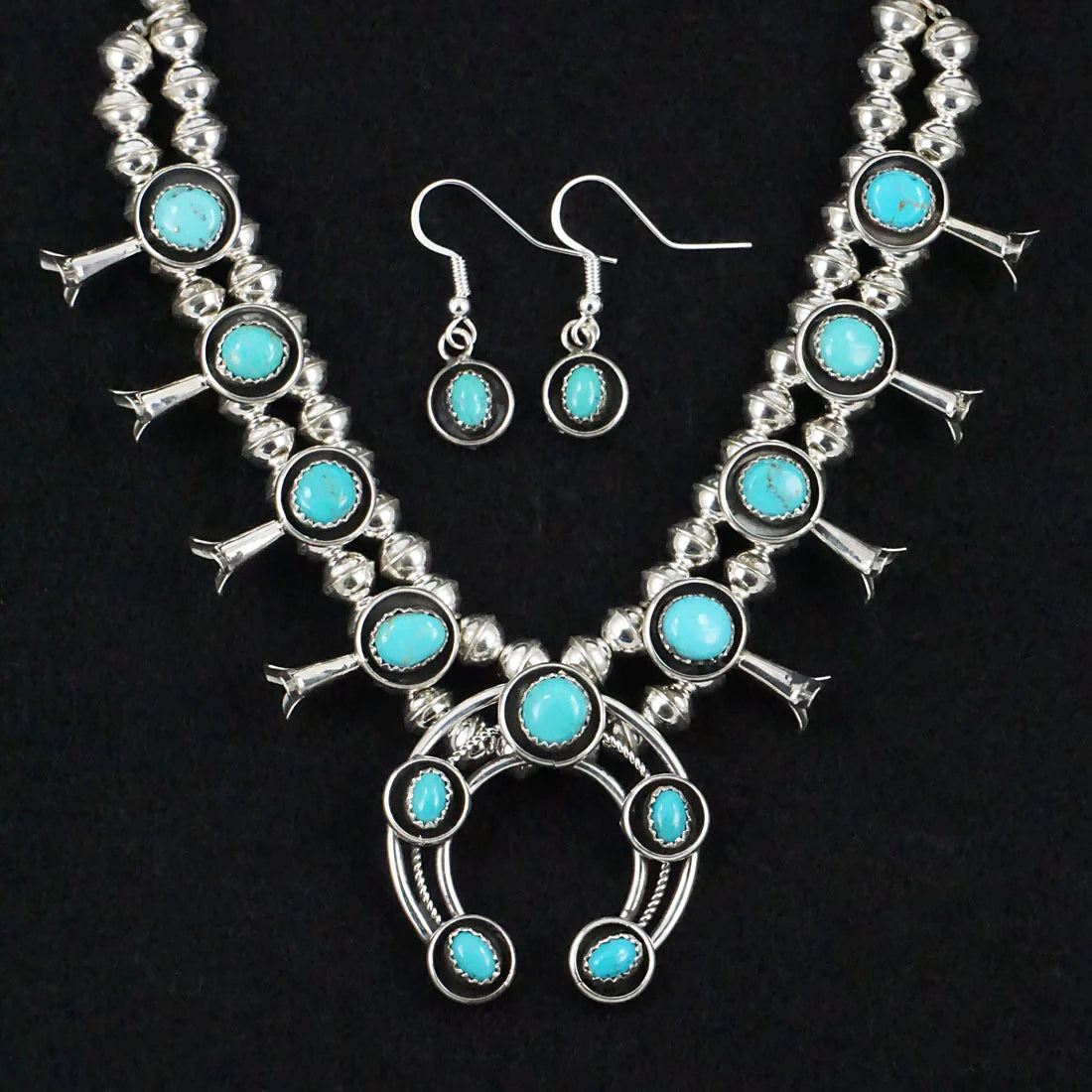 Turquoise & Sterling Silver "Mini" Squash Blossom Necklace & Earrings